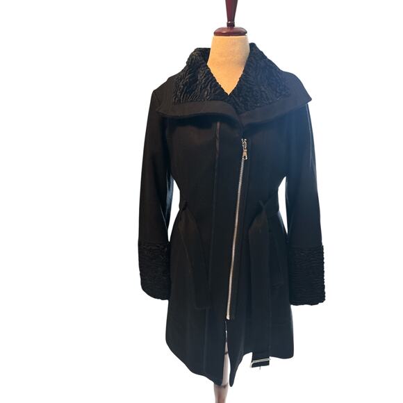 Guess Wool Blend Belted Coat XL Black Faux Fur Collar & Cuffs Winter Jacket - Picture 3 of 14
